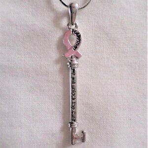 TOGETHER WE WILL UNLOCK THE CURE pink ribbon key necklace